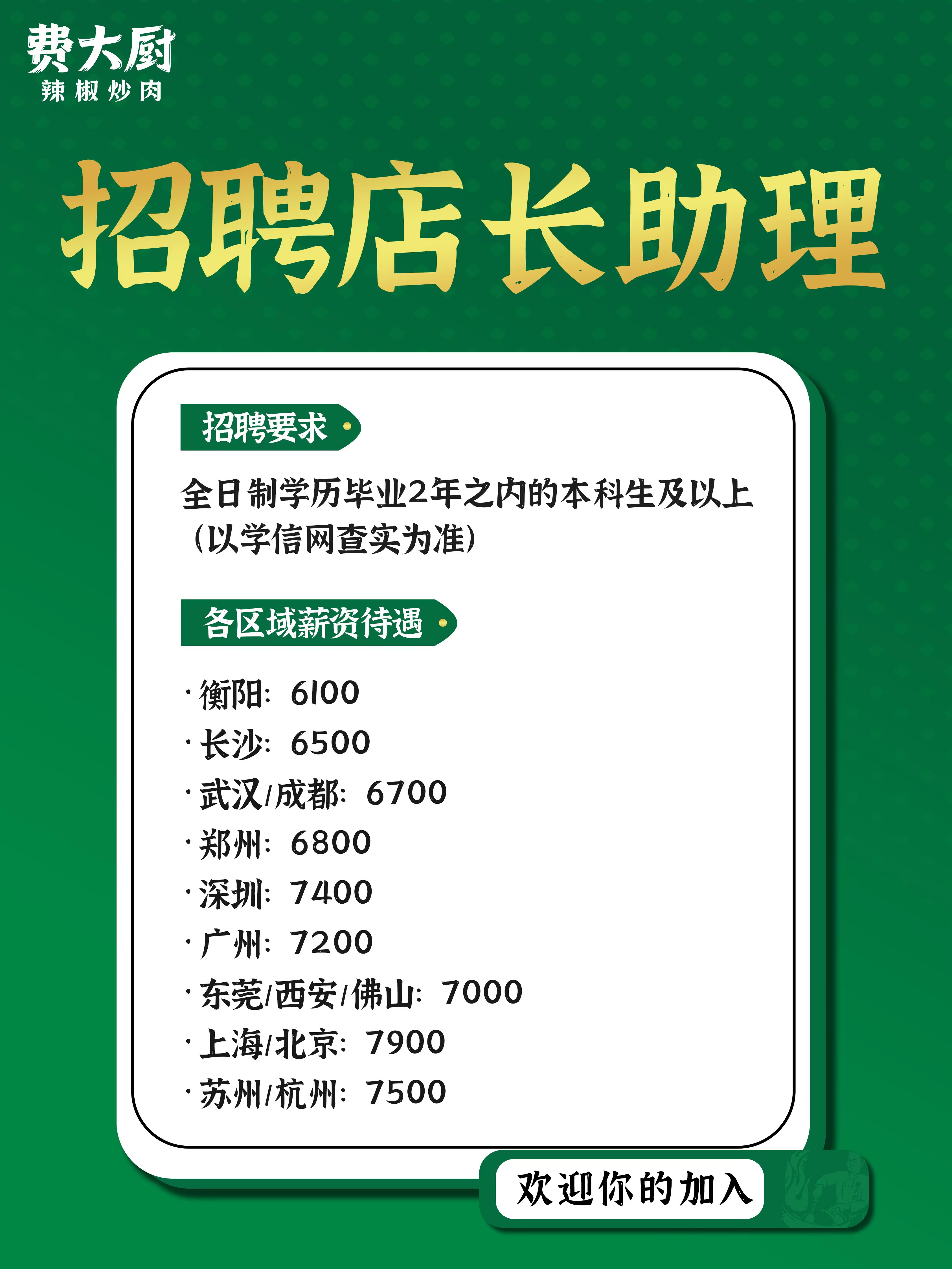 <p>费大厨<br/>辣椒炒肉</p> <p>招聘店长助理</p> <p>招聘要求</p> <p>全日制学历毕业2年之内的本科生及以上<br/>(以学信网查实为准)</p> <p>各区域薪资待遇<br/>.衡阳:6I00</p> <p>长沙:6500</p> <p>武汉/成都:6700<br/>郑州:6800</p> <p>深圳:7400</p> <p>广州:7200</p> <p>:东莞/西安/佛山:7000<br/>上海/北京:7900</p> <p>苏州/杭州:7500</p> <p>欢迎你的加入</p>